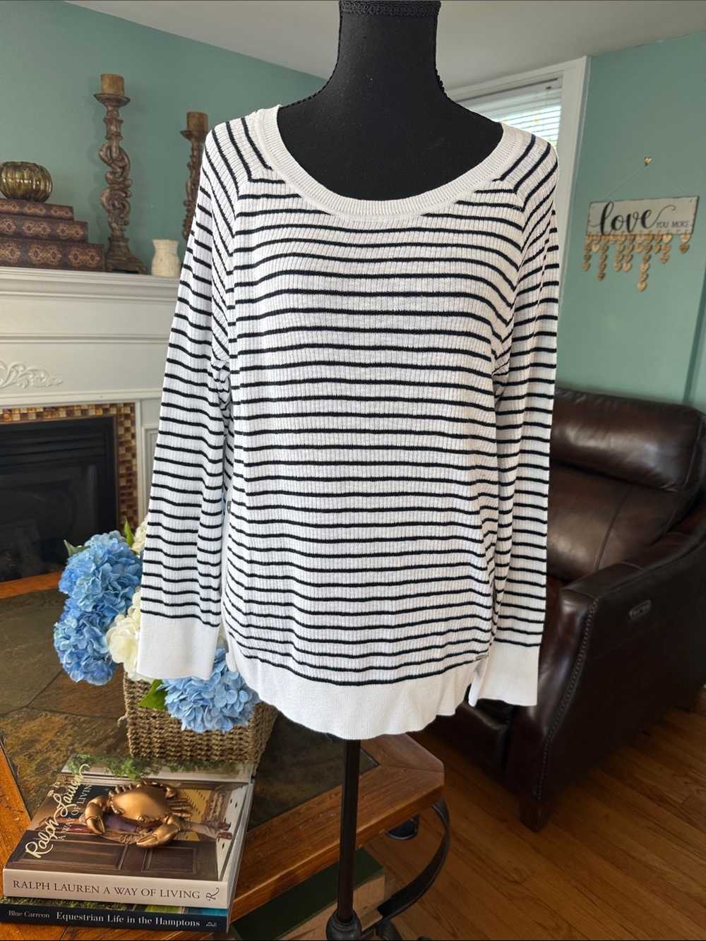 Tommy Hilfiger Navy & White Striped Crewneck Sweater Nautical 100% Cotton
